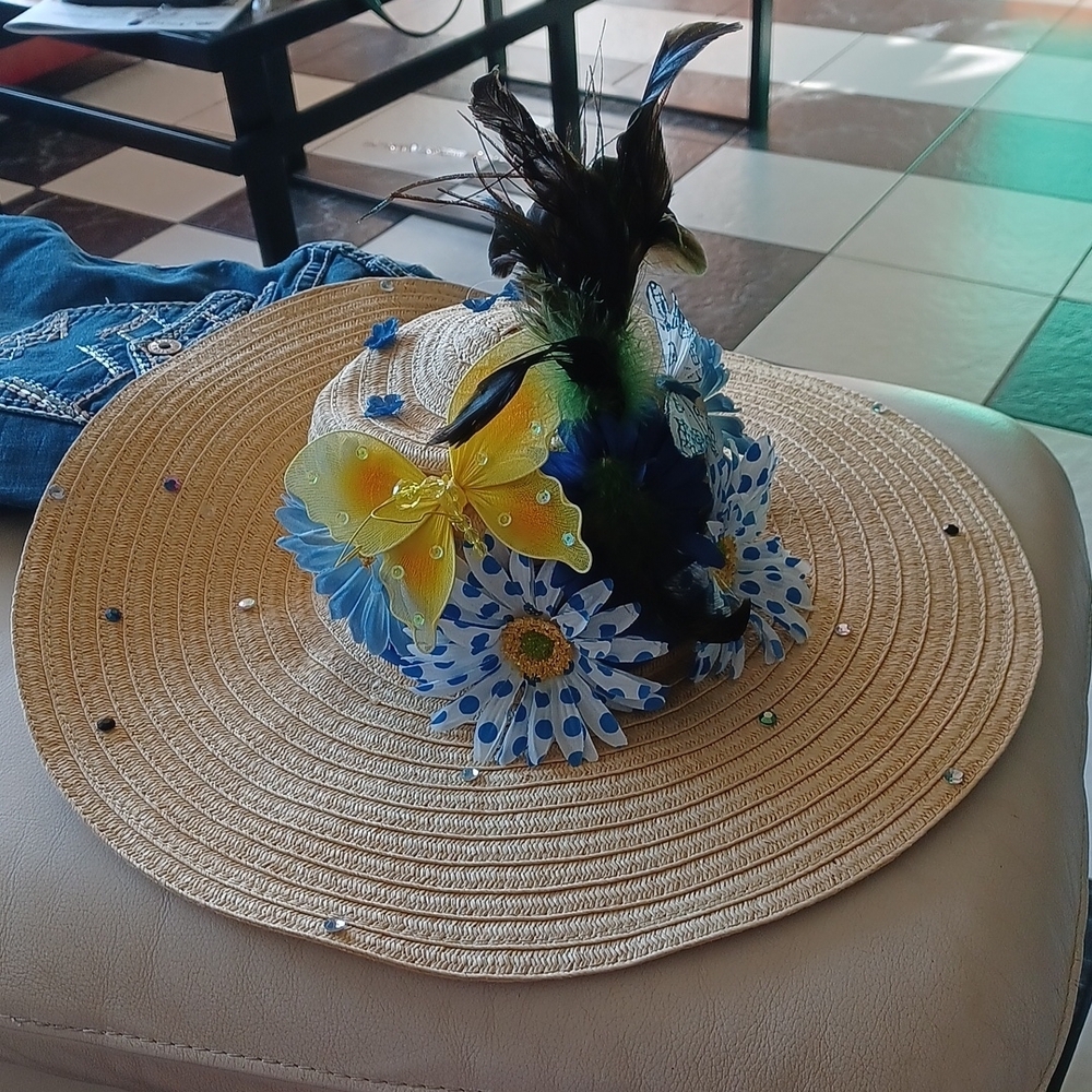 Sun shade hat with add floral accents, one of a kind!